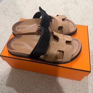 Hermes Two-Tone Black and Tan Suede Slide Sandals